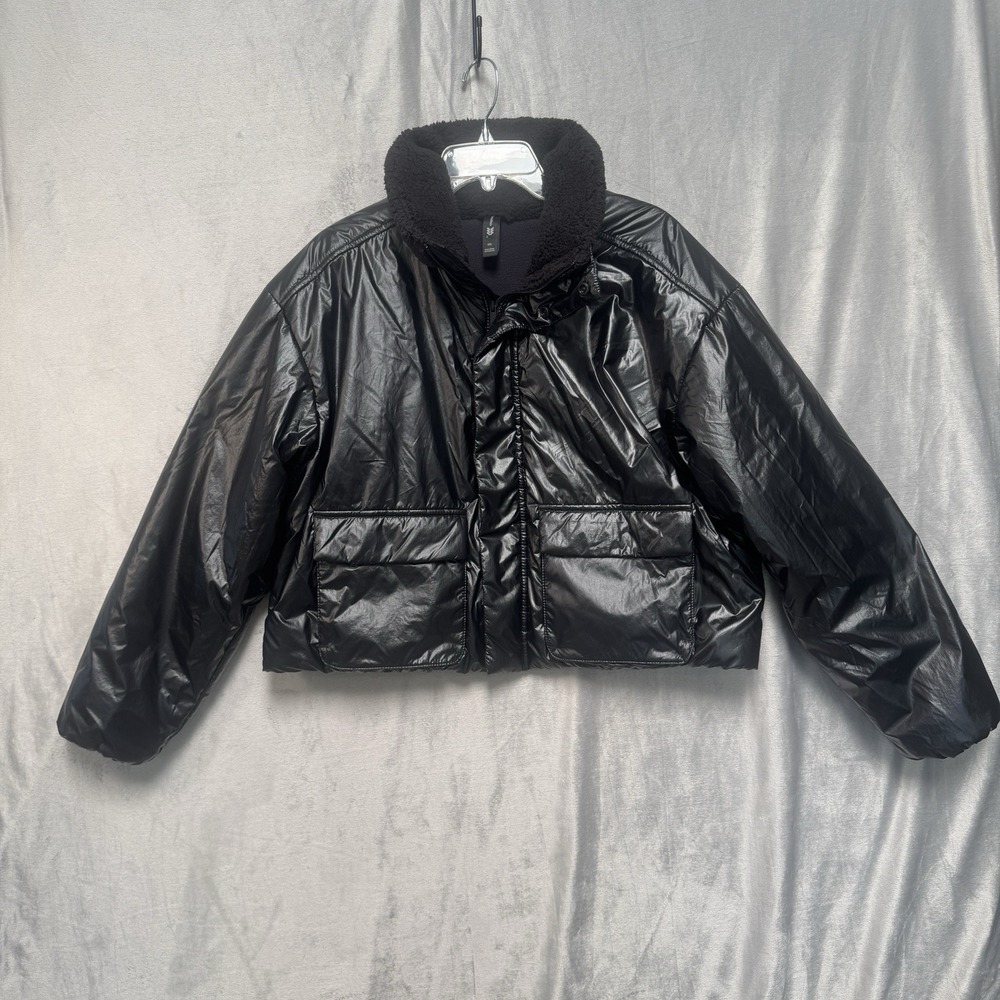 All in Motion Black Puffer Jacket XXL Faux Leather Sherpa Collar Winter‎ Coat